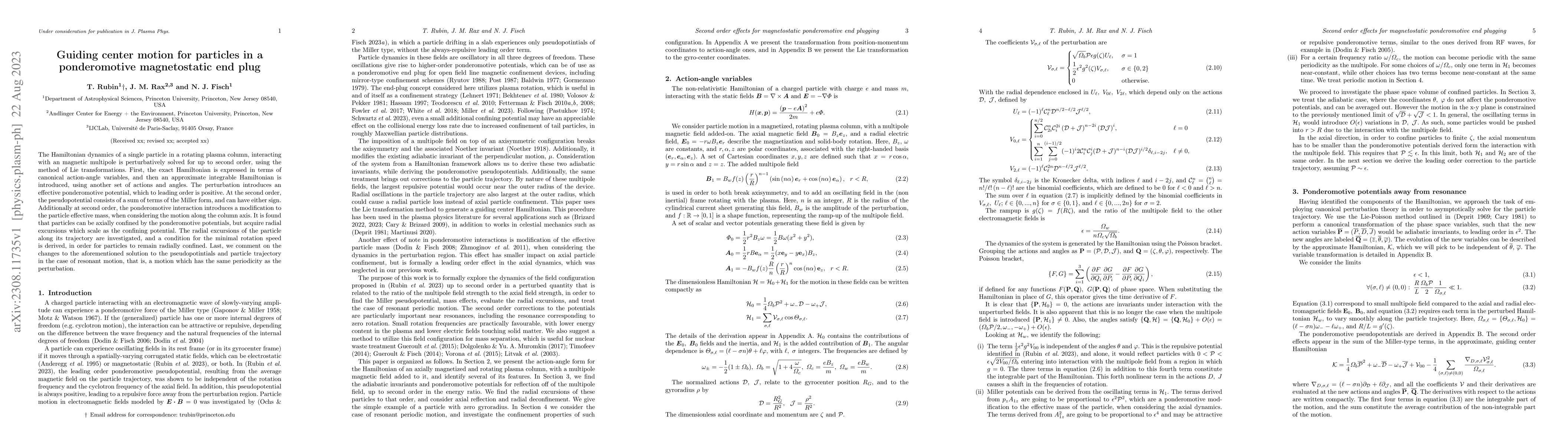 Thumbnail for Guiding center motion for particles in a ponderomotive magnetostatic end
  plug