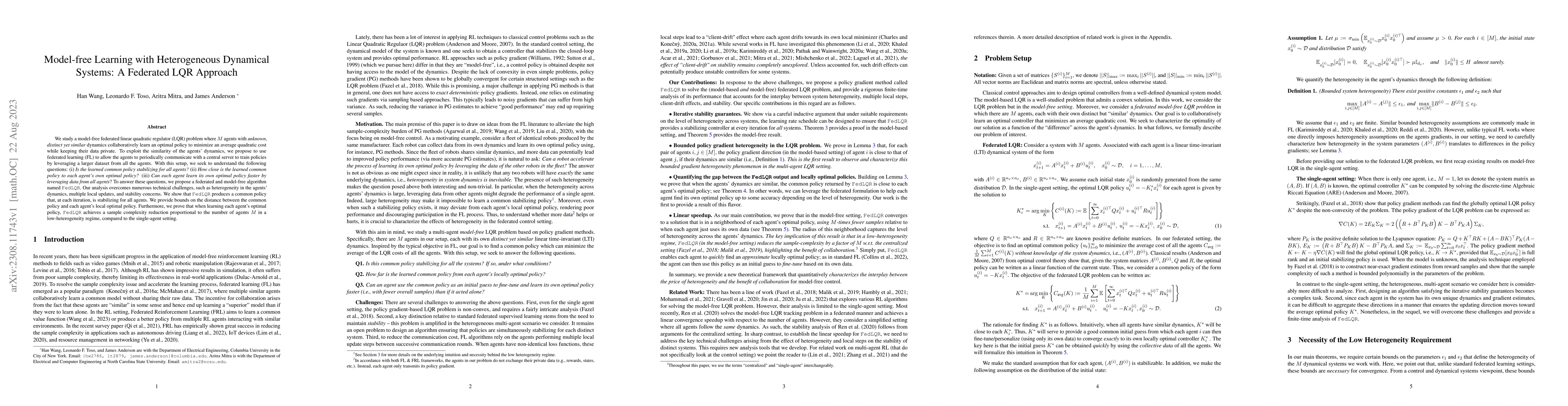 Thumbnail for Model-free Learning with Heterogeneous Dynamical Systems: A Federated
  LQR Approach