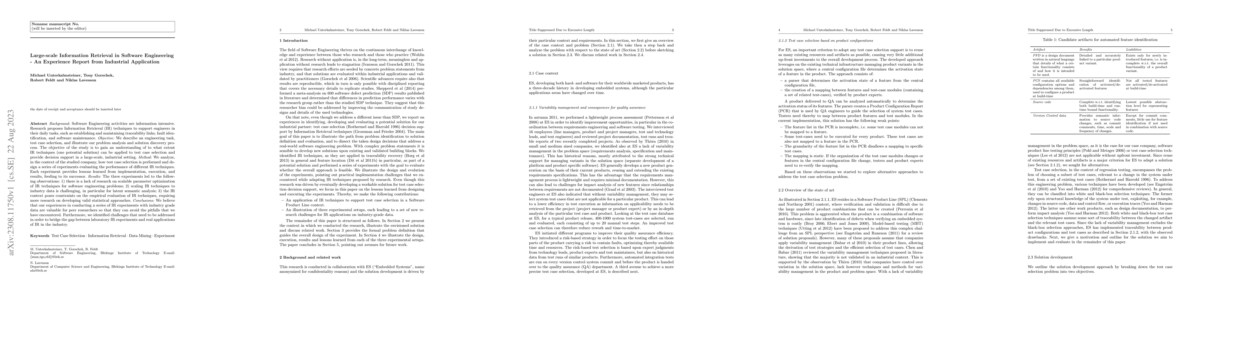 Thumbnail for Large-scale information retrieval in software engineering -- an
  experience report from industrial application