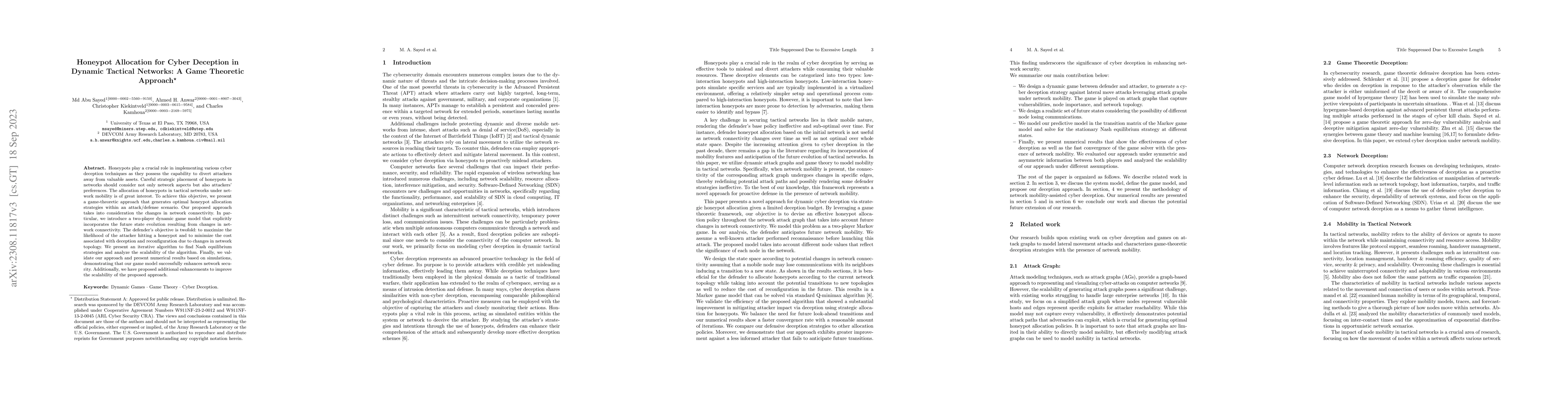 Thumbnail for Honeypot Allocation for Cyber Deception in Dynamic Tactical Networks: A
  Game Theoretic Approach