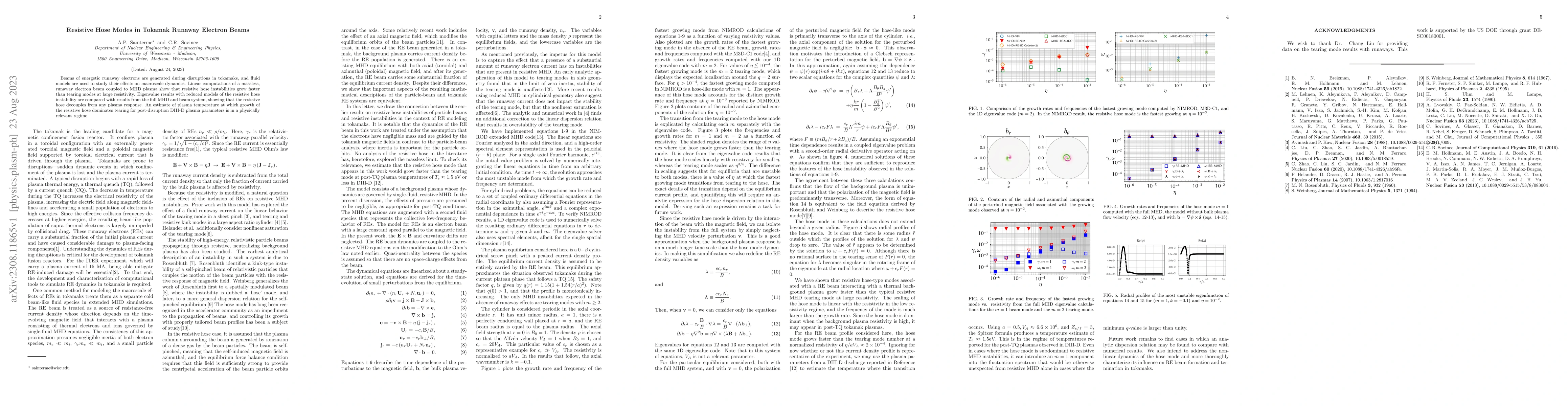 Thumbnail for Resistive Hose modes in Tokamak Runaway Electron Beams