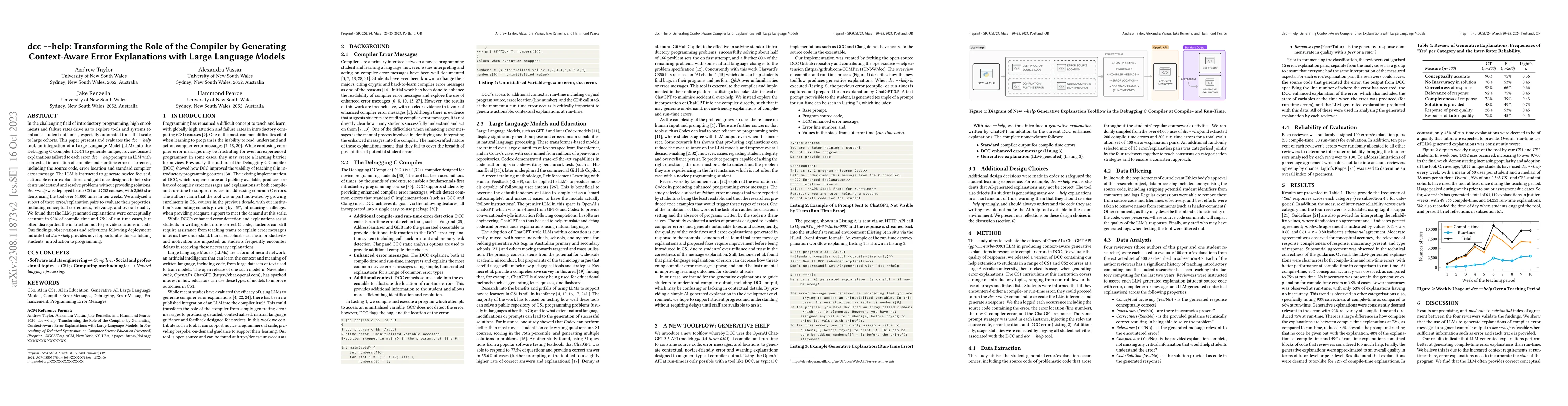 Thumbnail for Dcc --help: Generating Context-Aware Compiler Error Explanations with
  Large Language Models