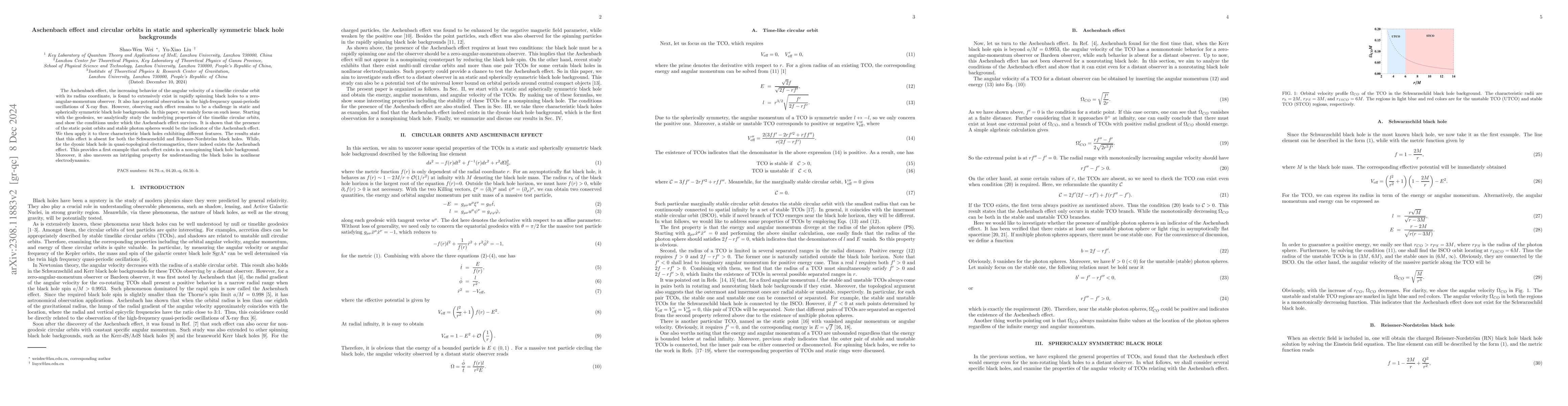 Thumbnail for Aschenbach effect and circular orbits in static and spherically
  symmetric black hole backgrounds