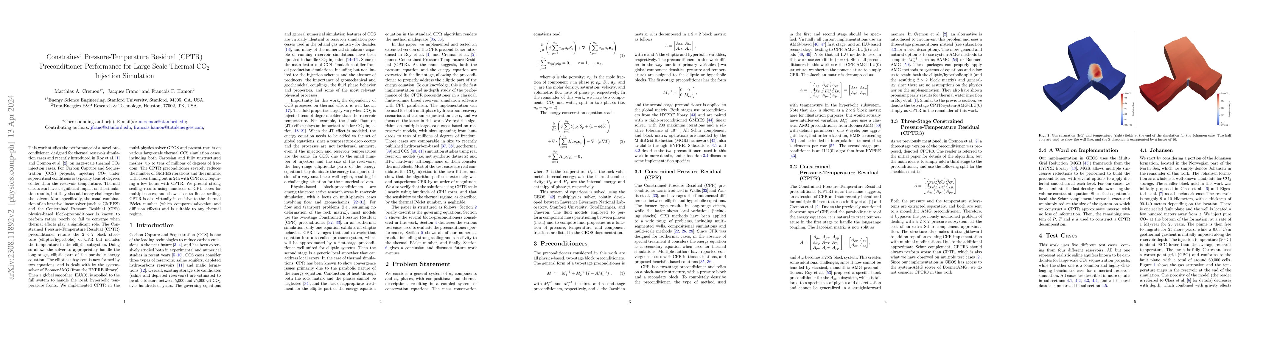 Thumbnail for Constrained Pressure-Temperature Residual (CPTR) Preconditioner
  Performance for Large-Scale Thermal CO2 Injection Simulation