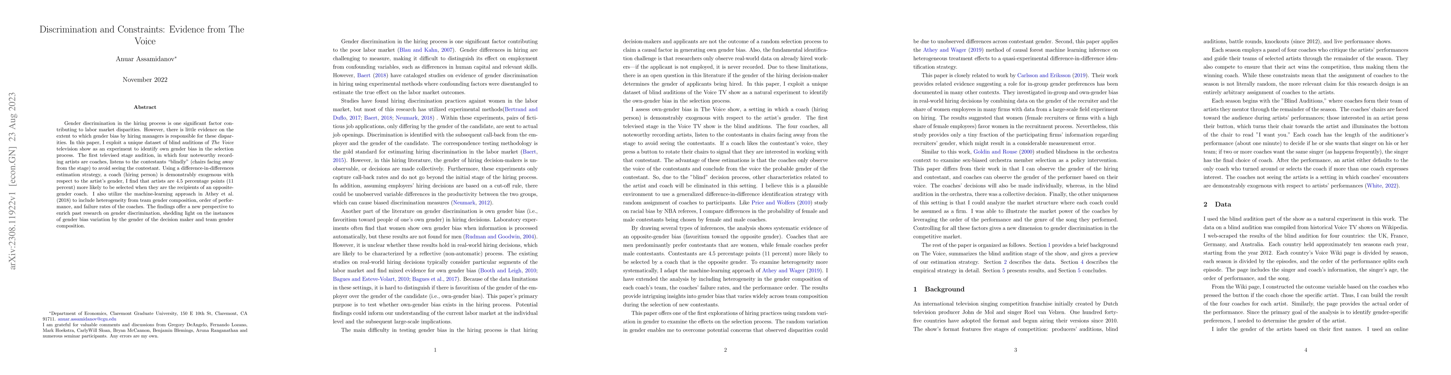 Thumbnail for Discrimination and Constraints: Evidence from The Voice