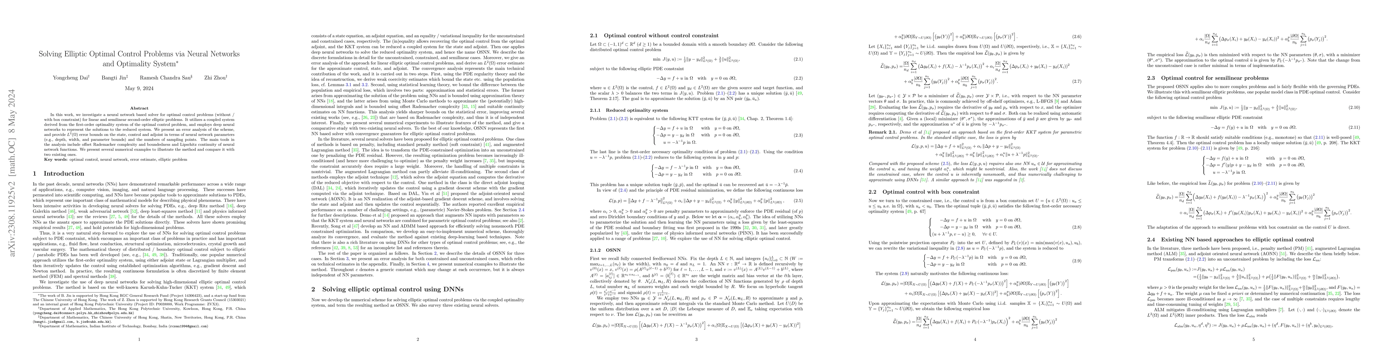 Thumbnail for Solving Elliptic Optimal Control Problems via Neural Networks and
  Optimality System