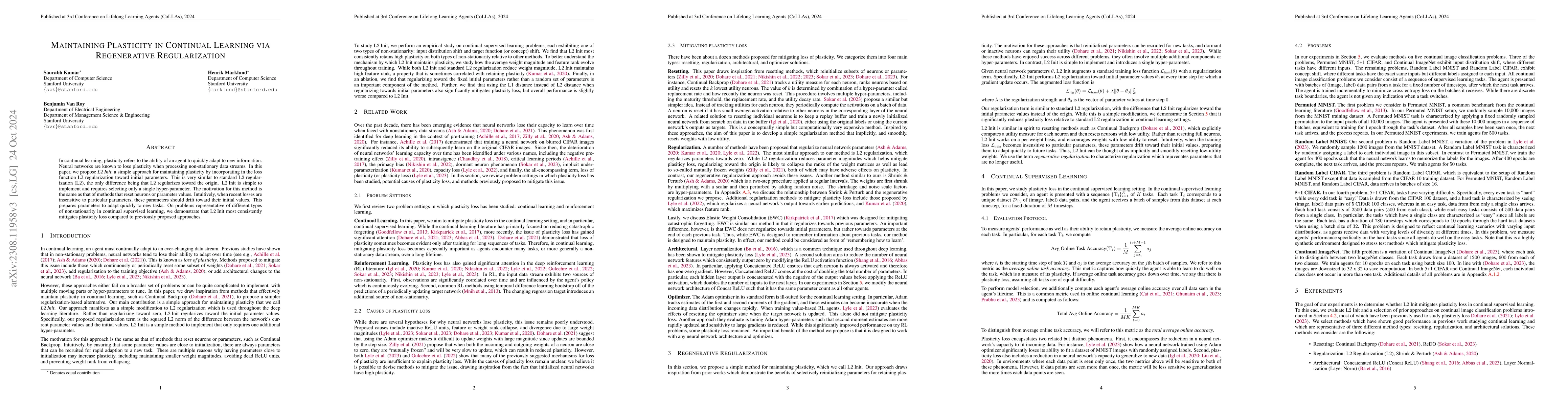 Thumbnail for Maintaining Plasticity in Continual Learning via Regenerative
  Regularization