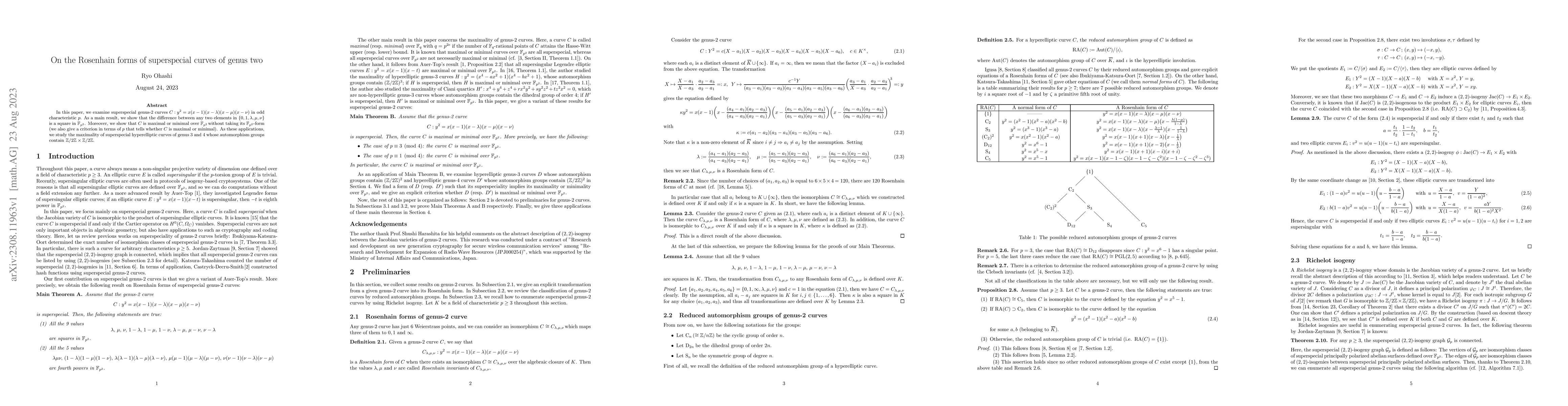 Thumbnail for On the Rosenhain forms of superspecial curves of genus two