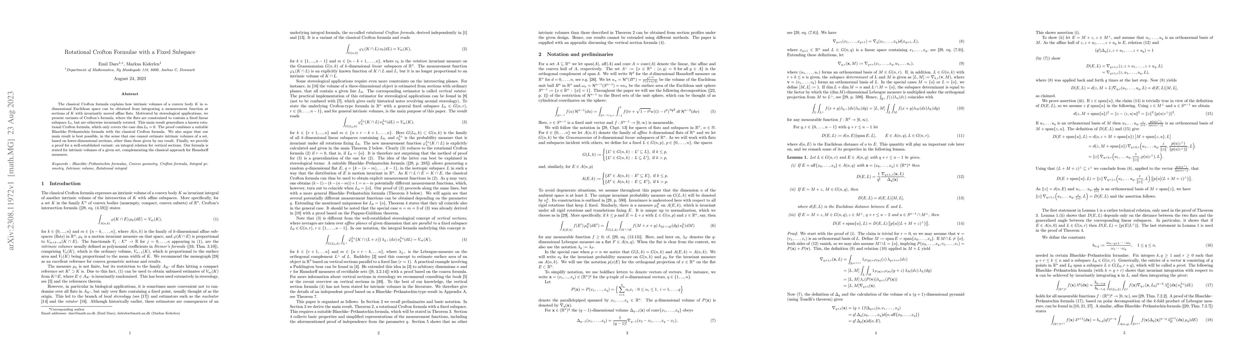 Thumbnail for Rotational Crofton Formulae with a Fixed Subspace