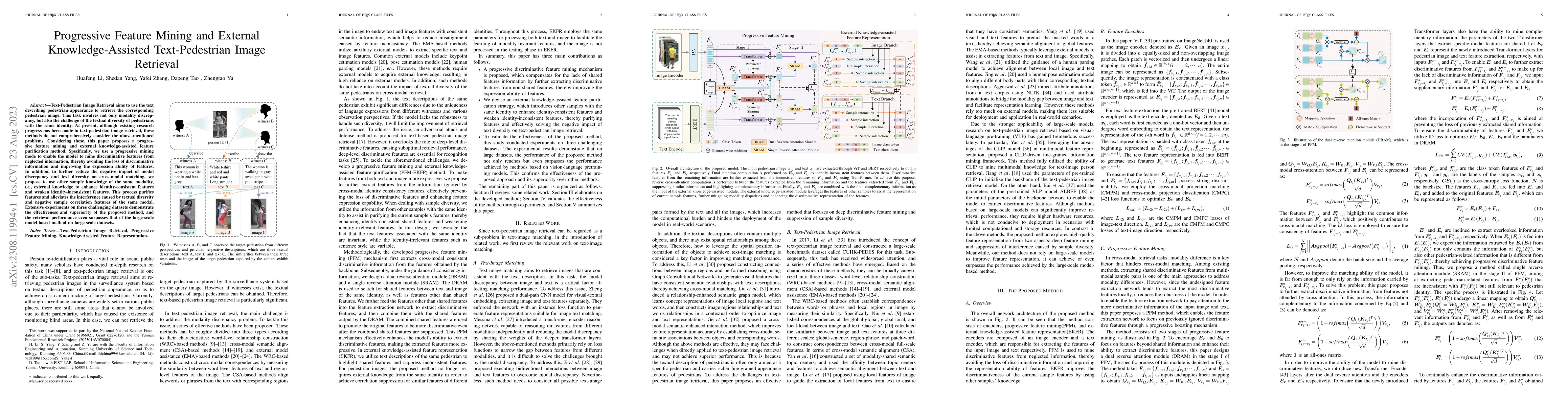 Thumbnail for Progressive Feature Mining and External Knowledge-Assisted
  Text-Pedestrian Image Retrieval