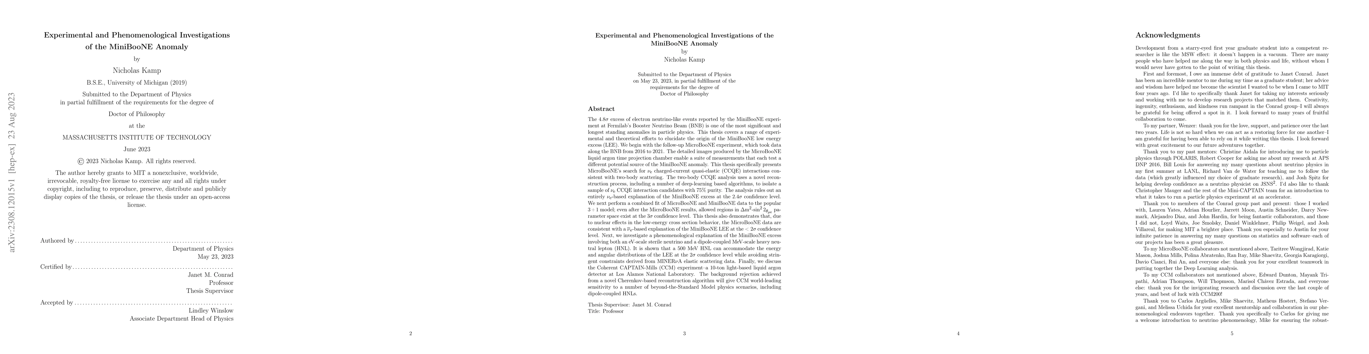 Thumbnail for Experimental and Phenomenological Investigations of the MiniBooNE
  Anomaly