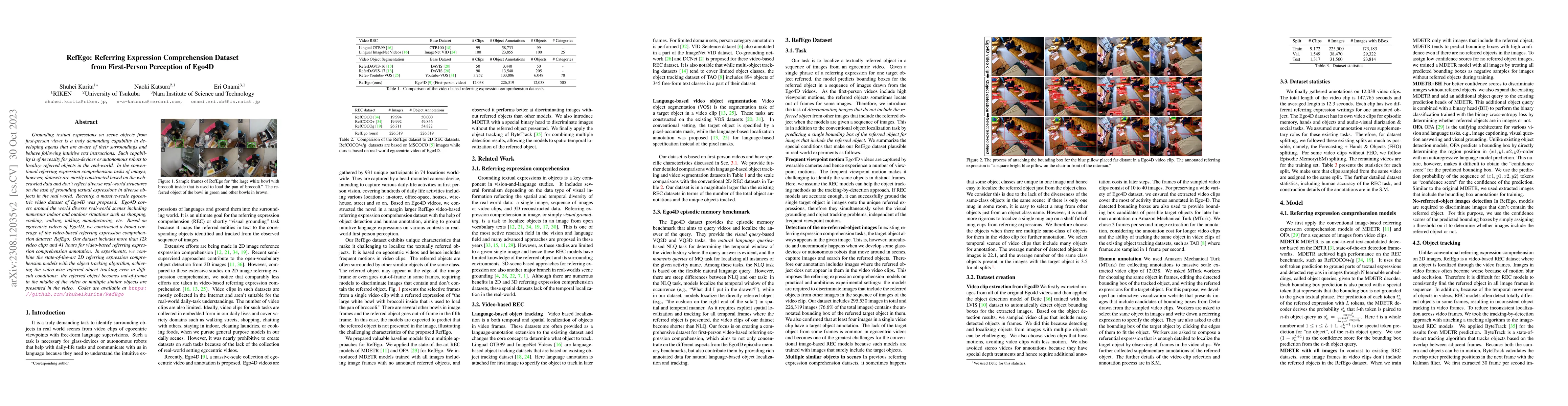 Thumbnail for RefEgo: Referring Expression Comprehension Dataset from First-Person
  Perception of Ego4D