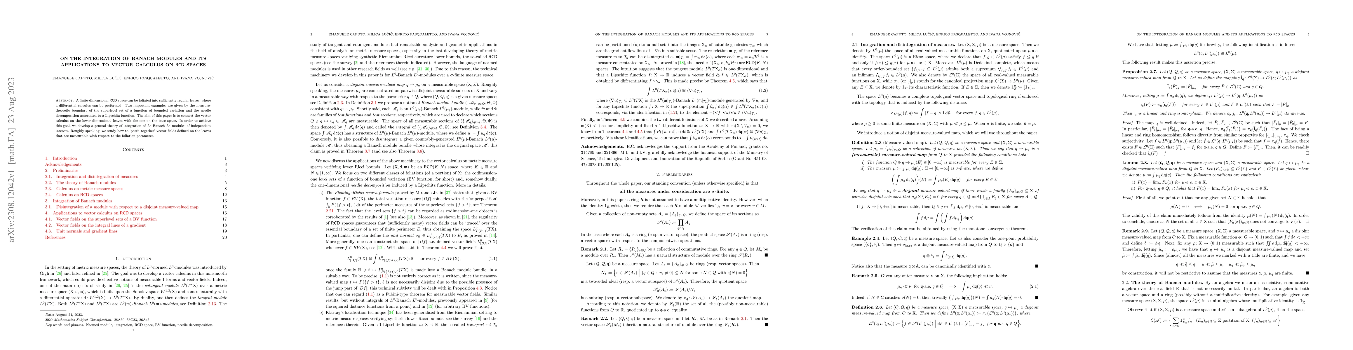 Thumbnail for On the integration of Banach modules and its applications to vector
  calculus on ${\sf RCD}$ spaces