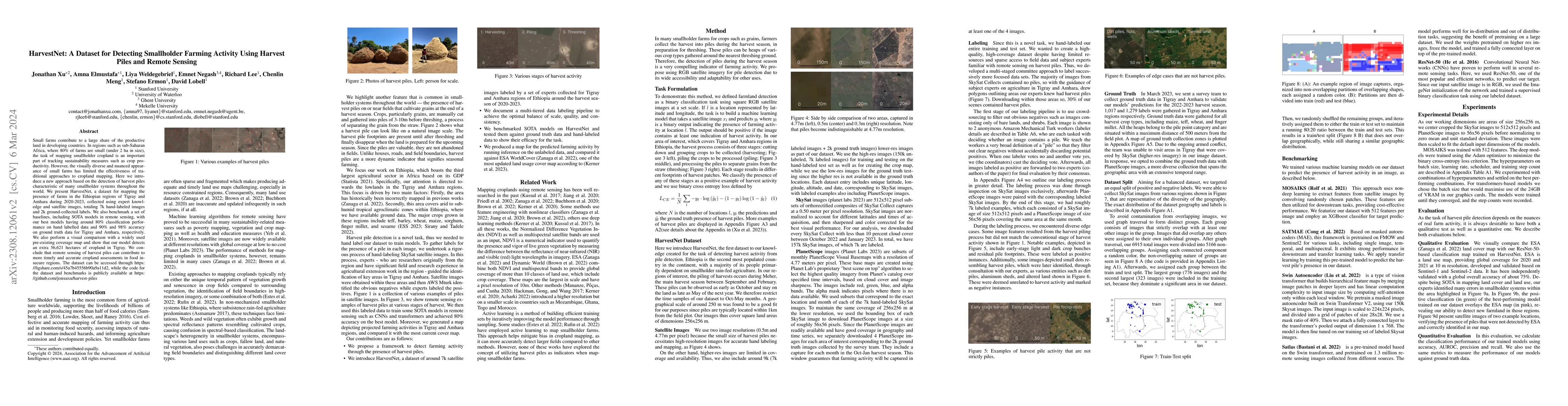 Thumbnail for HarvestNet: A Dataset for Detecting Smallholder Farming Activity Using
  Harvest Piles and Remote Sensing