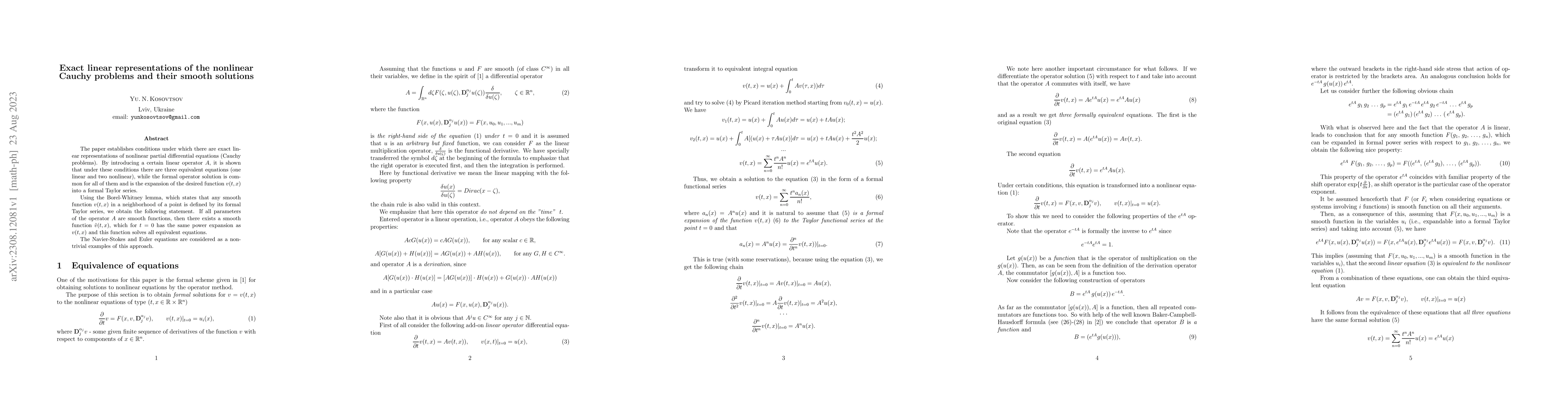 Thumbnail for Exact linear representations of the nonlinear Cauchy problems and their
  smooth solutions
