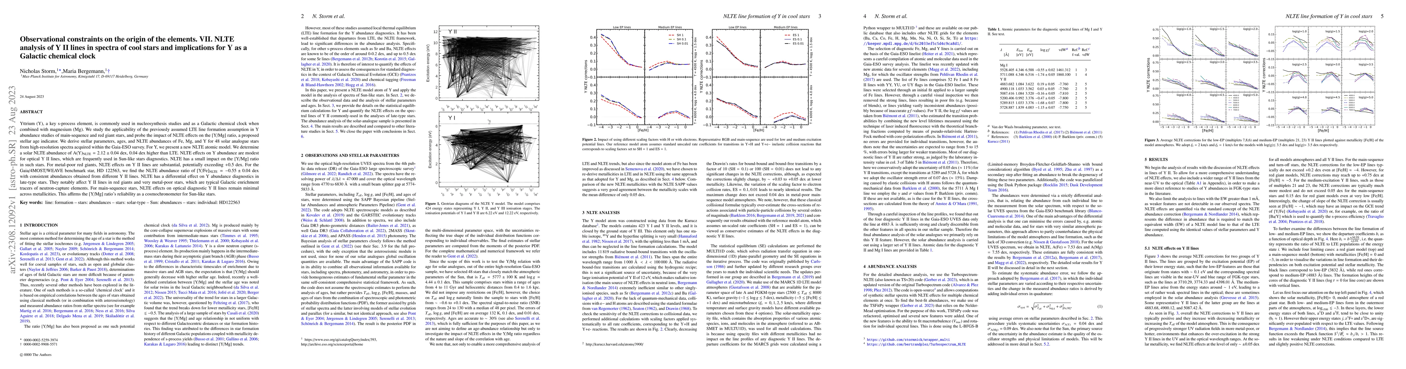 Thumbnail for Observational constraints on the origin of the elements. VII. NLTE
  analysis of Y II lines in spectra of cool stars and implications for Y as a
  Galactic chemical clock