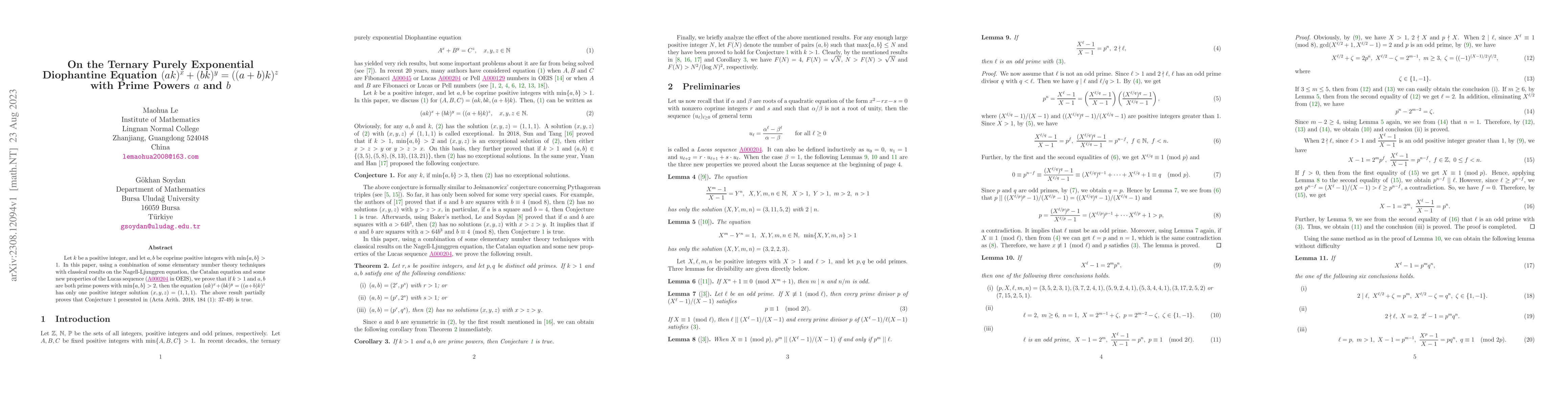 Thumbnail for On the Ternary Purely Exponential Diophantine Equation
  $(ak)^x+(bk)^y=((a+b)k)^z$ with Prime Powers $a$ and $b$