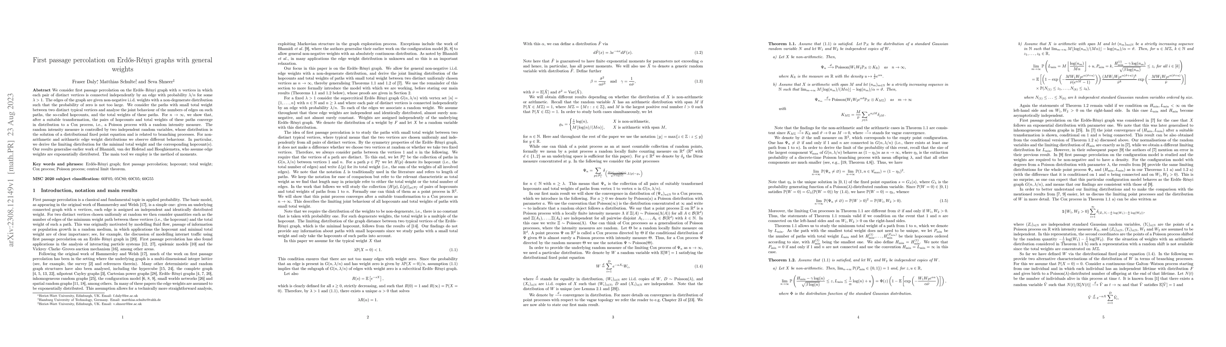 Thumbnail for First passage percolation on Erd\H{o}s-R\'{e}nyi graphs with general
  weights