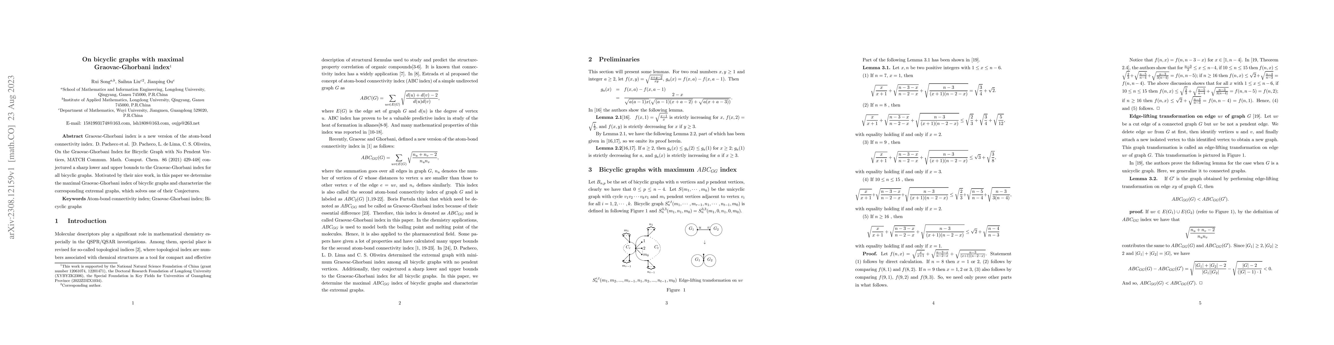 Thumbnail for On bicyclic graphs with maximal Graovac-Ghorbani index