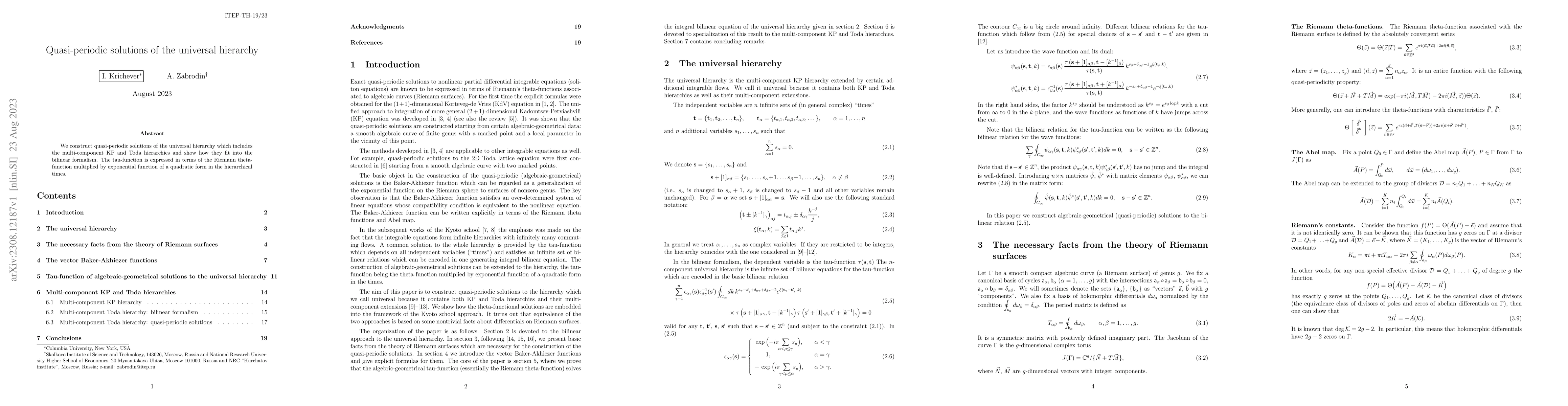 Thumbnail for Quasi-periodic solutions of the universal hierarchy