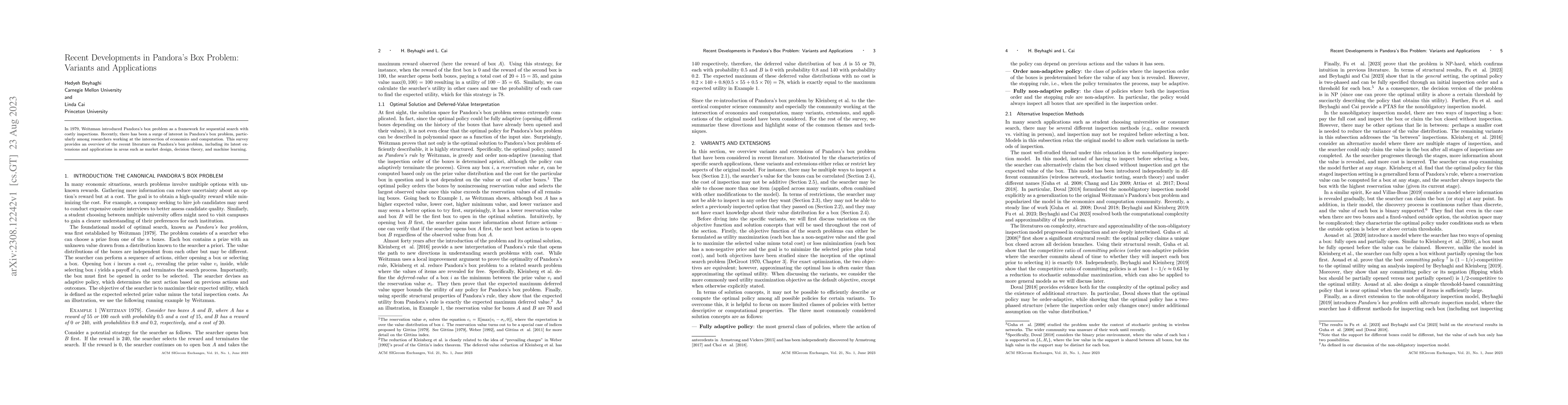 Thumbnail for Recent Developments in Pandora's Box Problem: Variants and Applications
