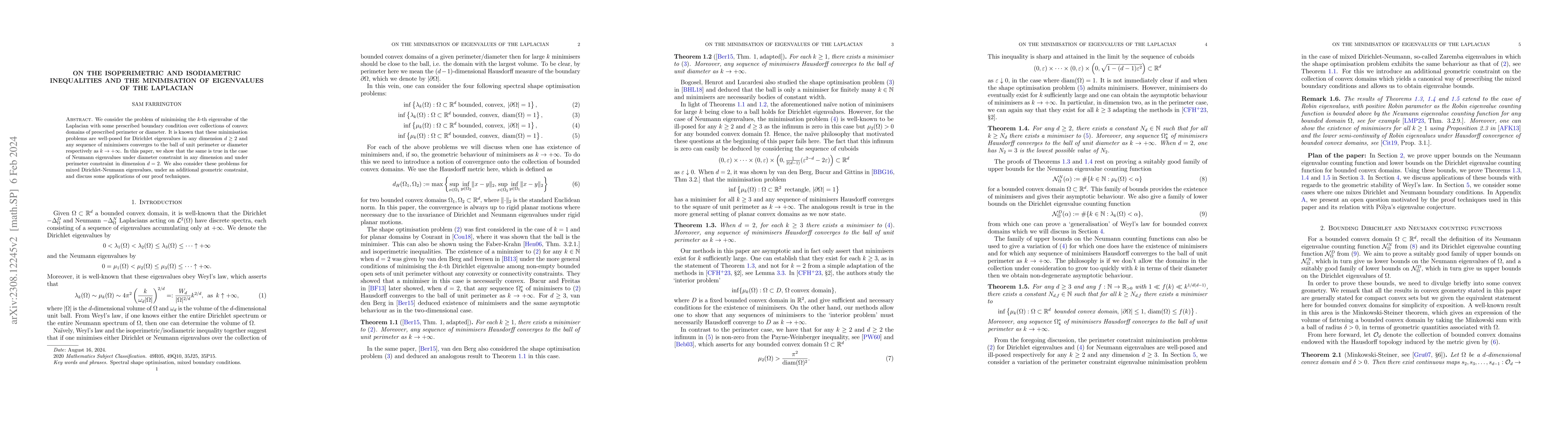 Thumbnail for On the isoperimetric and isodiametric inequalities and the minimisation
  of eigenvalues of the Laplacian