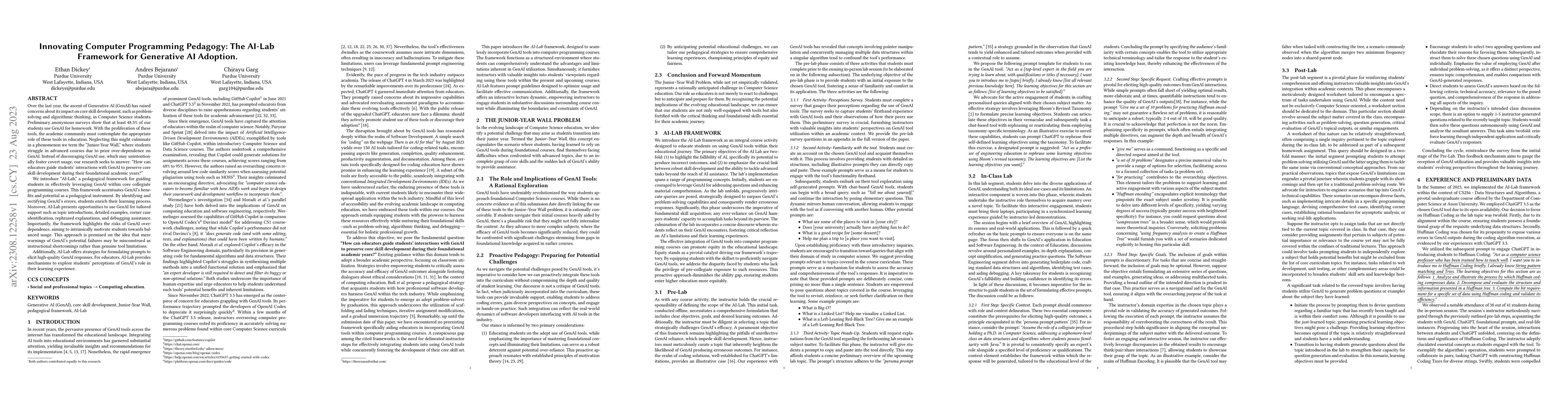 Thumbnail for Innovating Computer Programming Pedagogy: The AI-Lab Framework for
  Generative AI Adoption