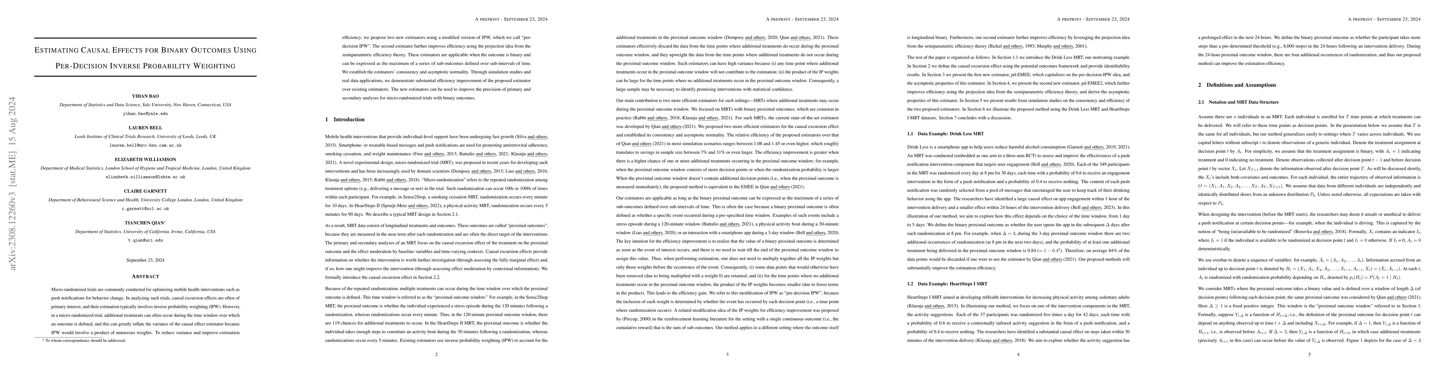 Thumbnail for Estimating Causal Effects for Binary Outcomes Using Per-Decision Inverse
  Probability Weighting