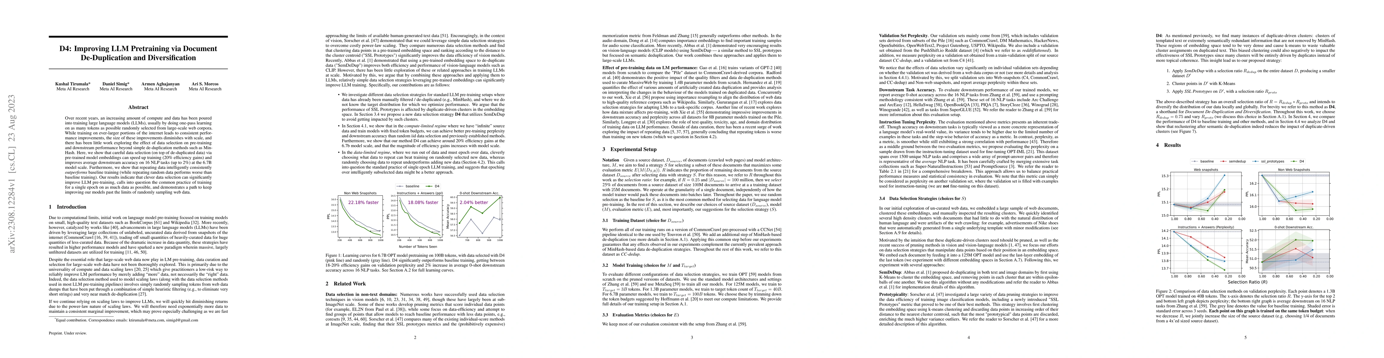 Thumbnail for D4: Improving LLM Pretraining via Document De-Duplication and
  Diversification