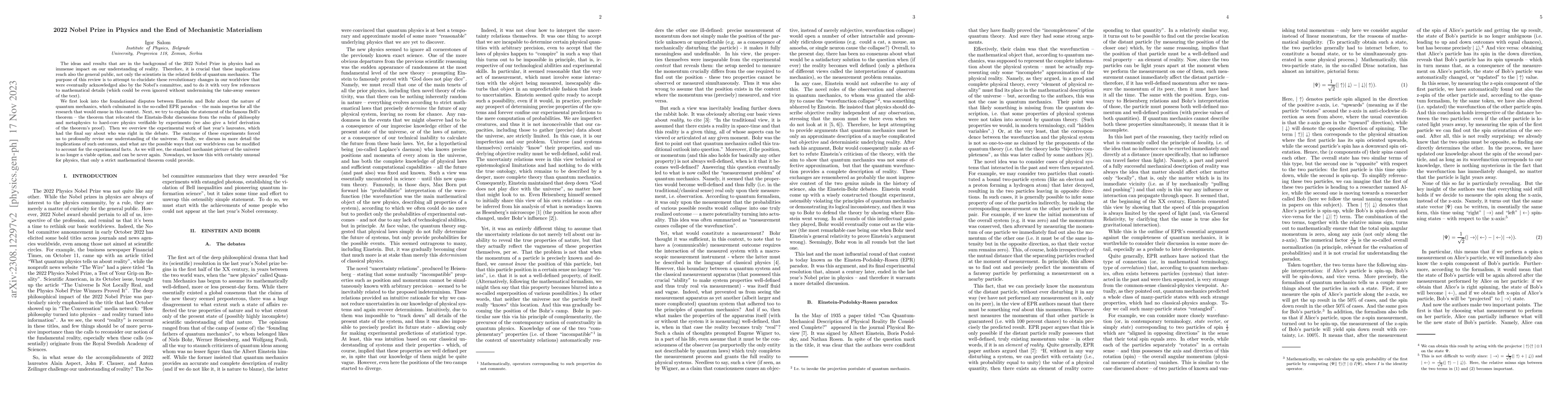 Thumbnail for 2022 Nobel Prize in Physics and the End of Mechanistic Materialism