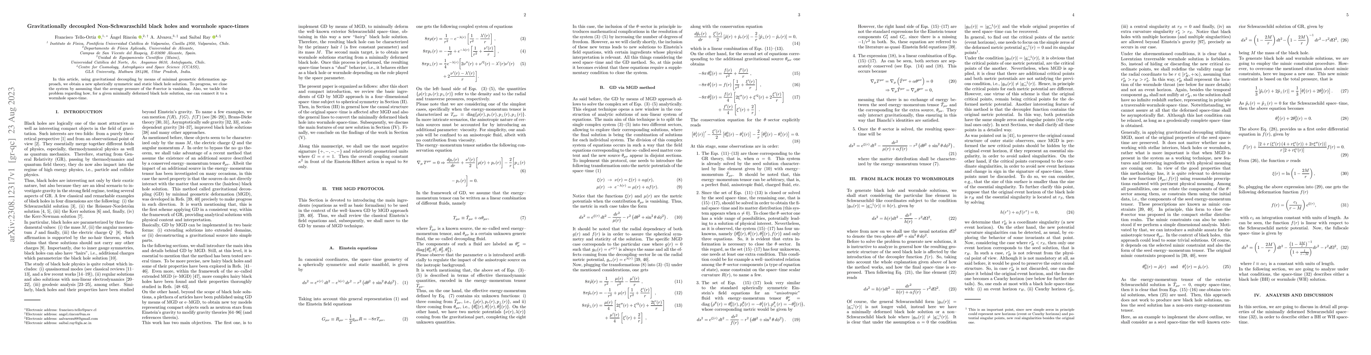 Thumbnail for Gravitationally decoupled Non-Schwarzschild black holes and wormhole
  space-times