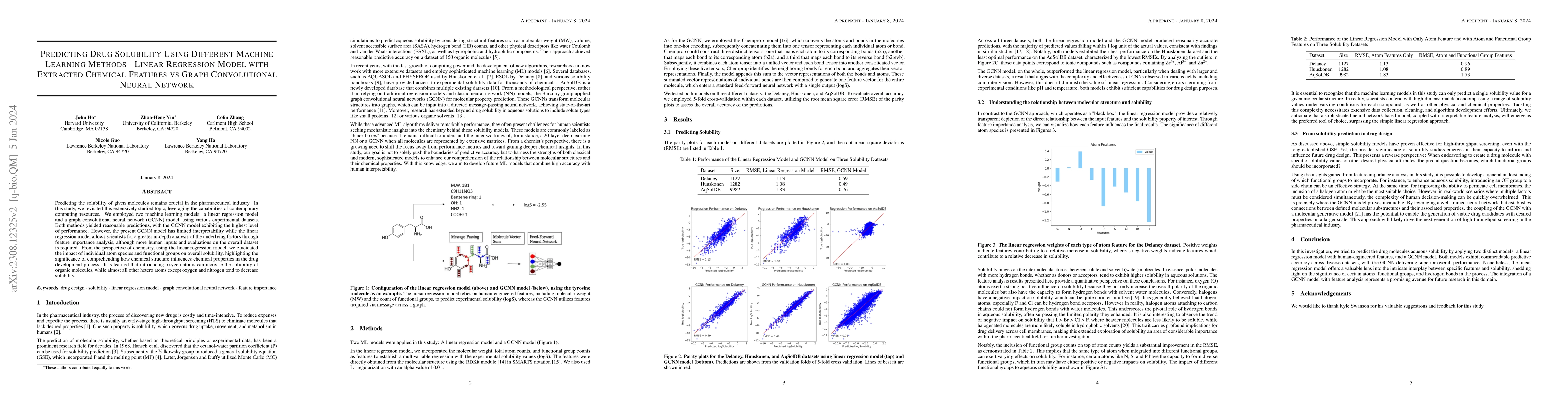 Thumbnail for Predicting Drug Solubility Using Different Machine Learning Methods --
  Linear Regression Model with Extracted Chemical Features vs Graph
  Convolutional Neural Network