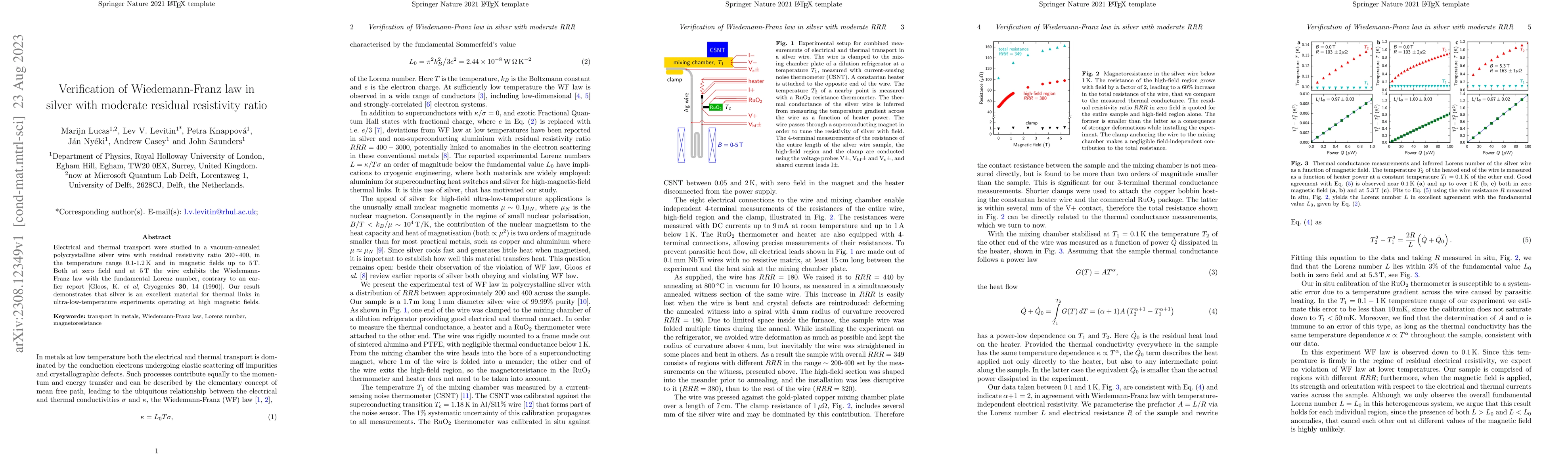 Thumbnail for Verification of Wiedemann-Franz law in silver with moderate residual
  resistivity ratio