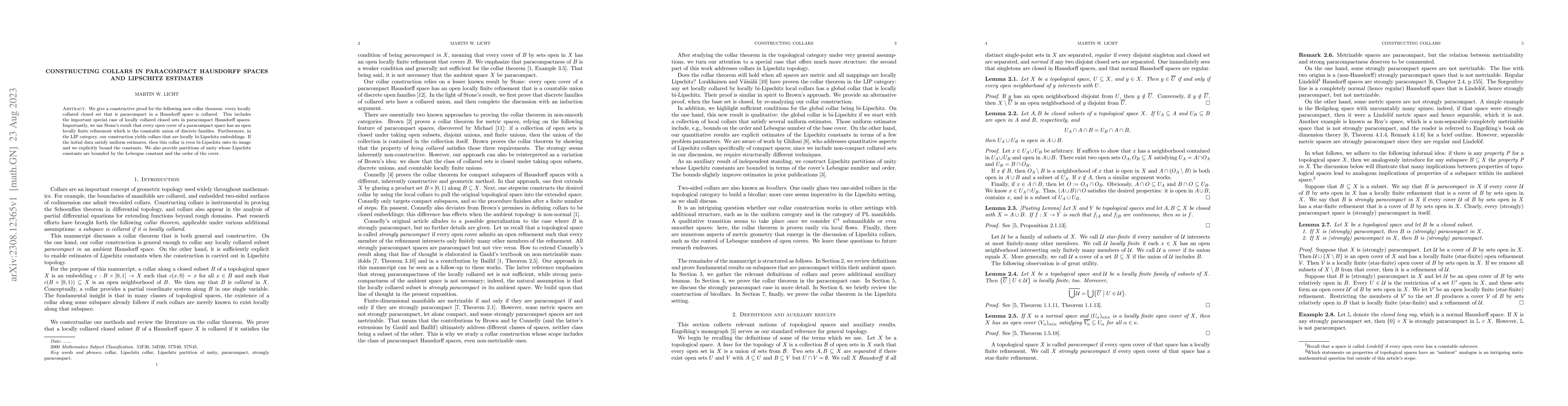 Thumbnail for Constructing collars in paracompact Hausdorff spaces and Lipschitz
  estimates