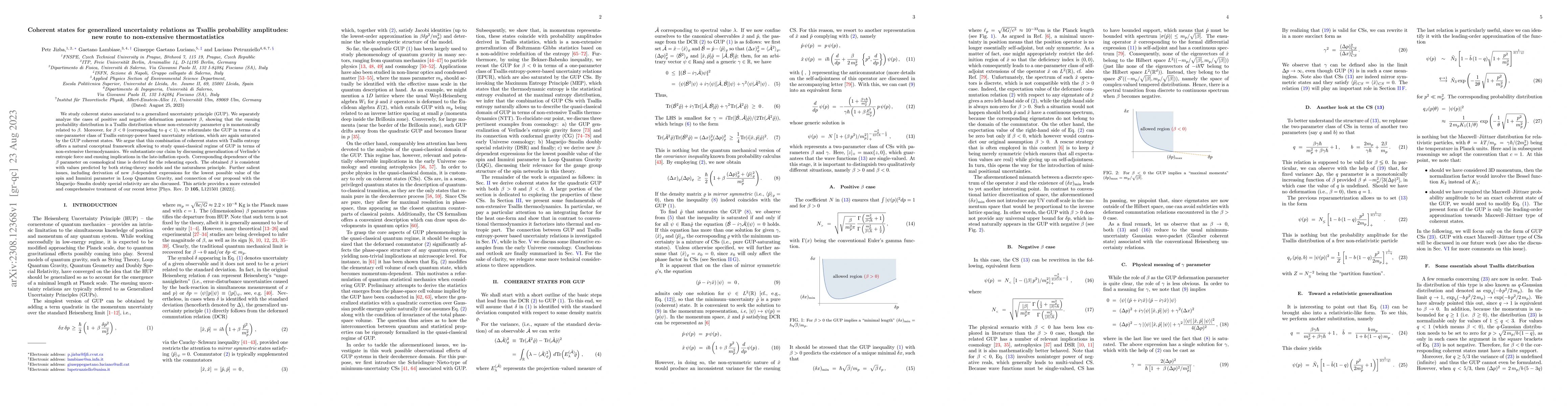 Thumbnail for Coherent states for generalized uncertainty relations as Tsallis
  probability amplitudes: new route to non-extensive thermostatistics