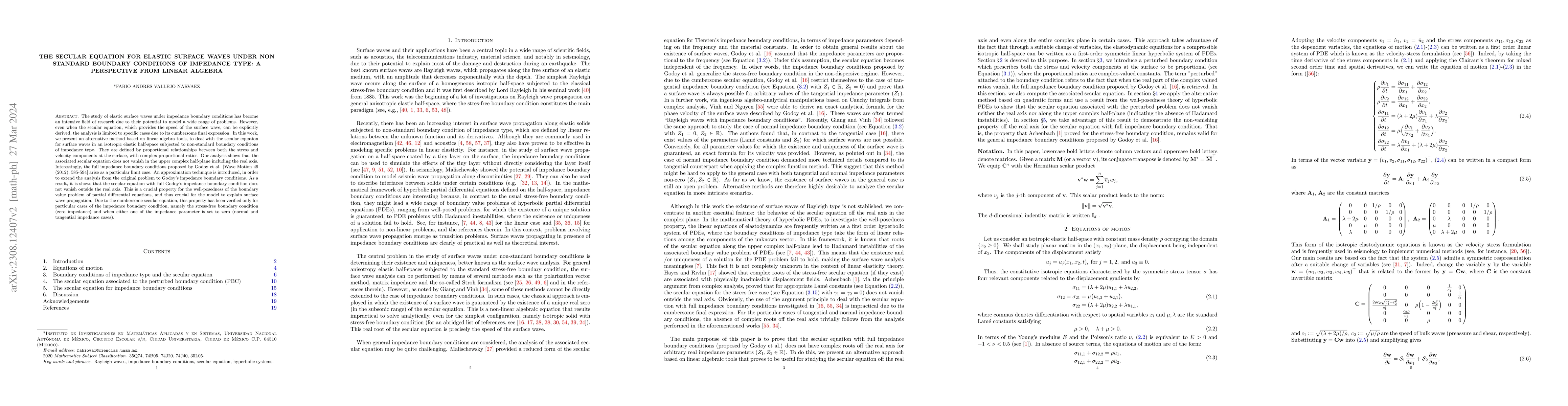 Thumbnail for The secular equation for elastic surface waves under non standard
  boundary conditions of impedance type: A perspective from linear algebra