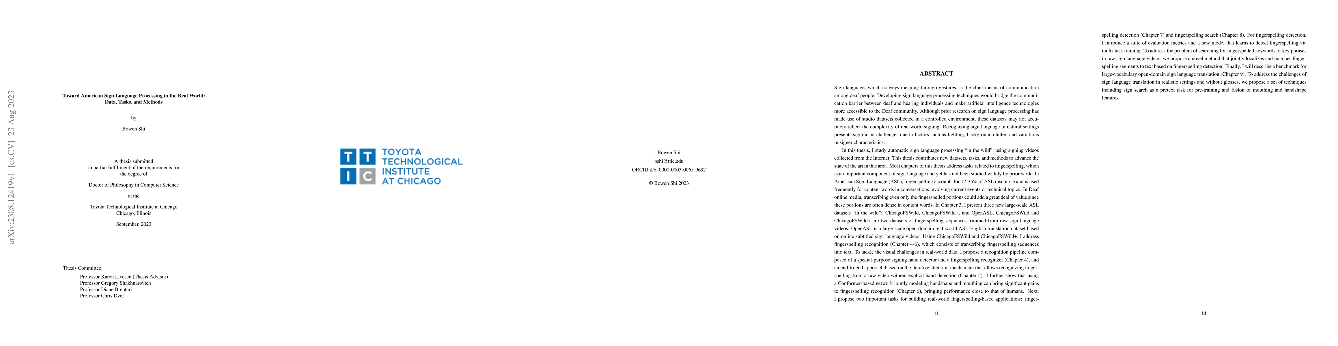 Thumbnail for Toward American Sign Language Processing in the Real World: Data, Tasks,
  and Methods