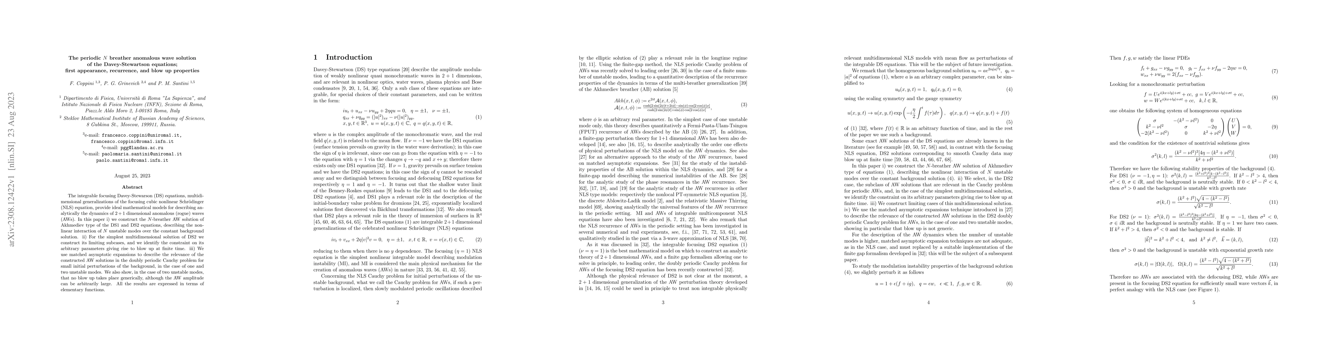 Thumbnail for The periodic N breather anomalous wave solution of the Davey-Stewartson
  equations; first appearance, recurrence, and blow up properties