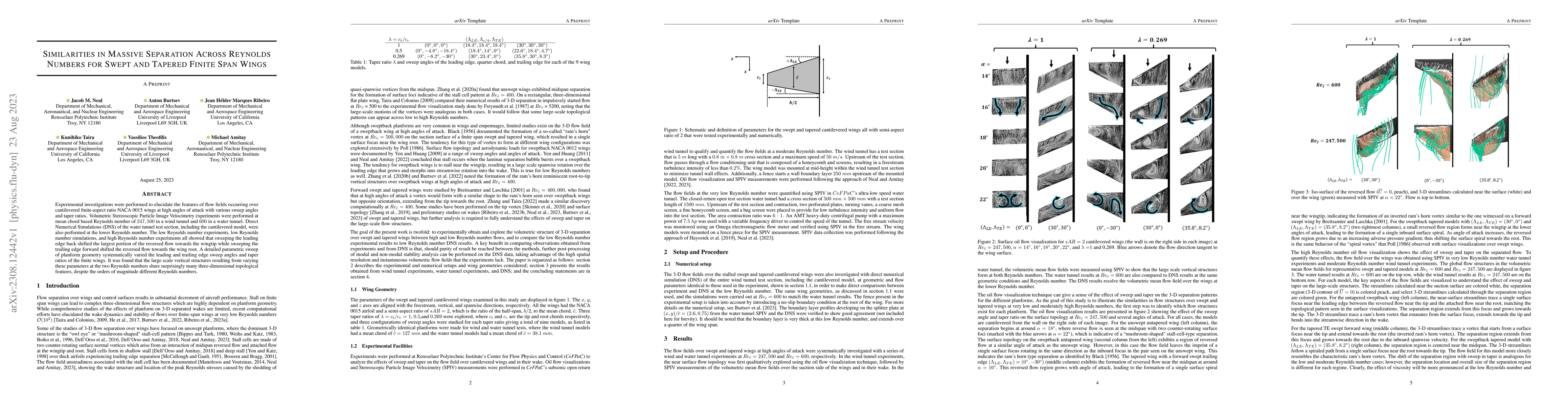 Thumbnail for Similarities in Massive Separation Across Reynolds Numbers for Swept and
  Tapered Finite Span Wings