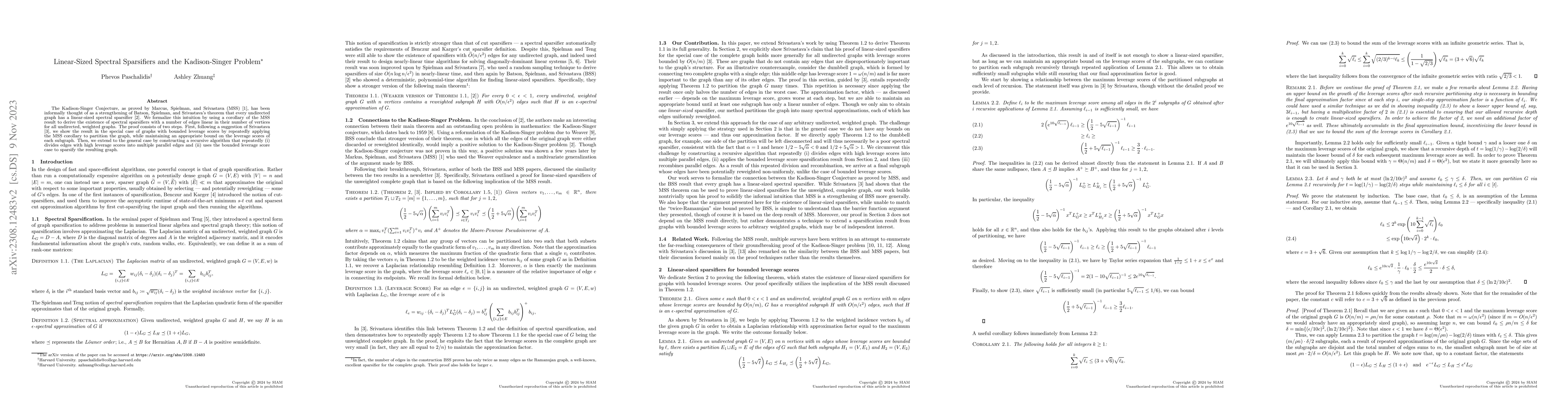 Thumbnail for Linear-Sized Spectral Sparsifiers and the Kadison-Singer Problem