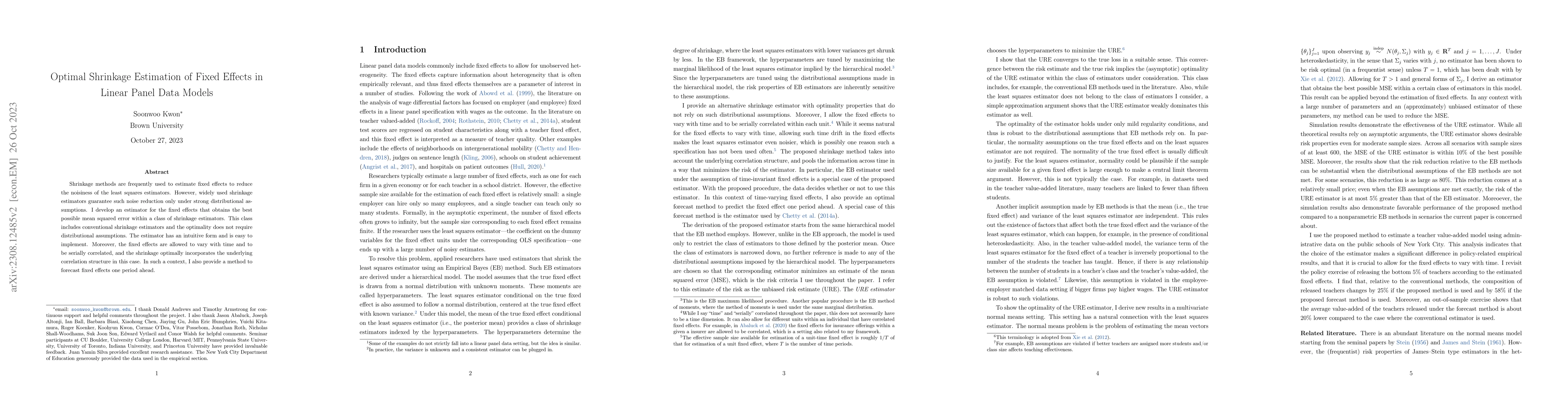 Thumbnail for Optimal Shrinkage Estimation of Fixed Effects in Linear Panel Data
  Models