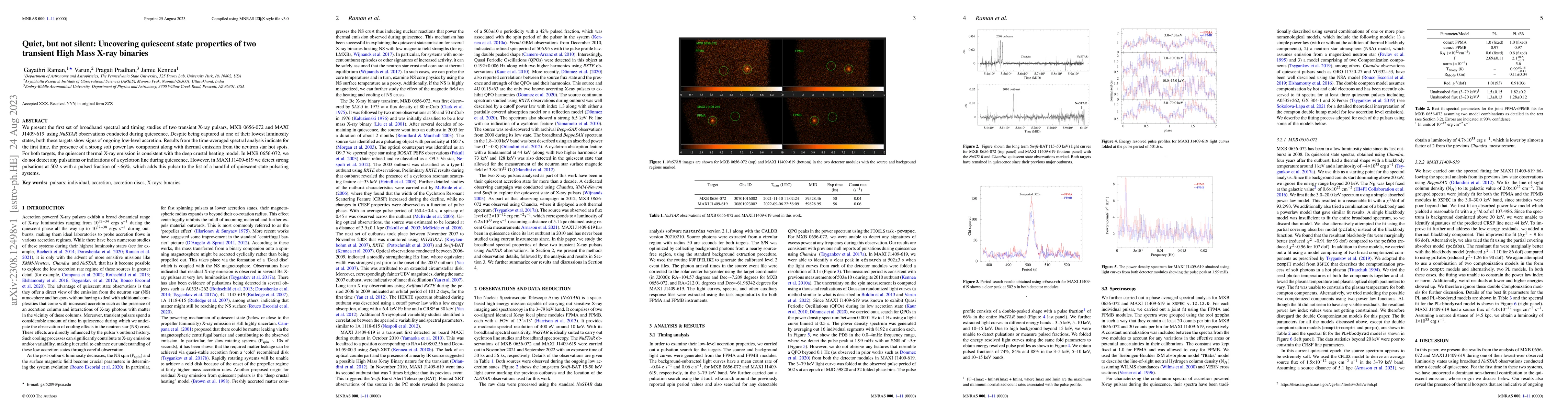Thumbnail for Quiet, but not silent: Uncovering quiescent state properties of two
  transient High Mass X-ray binaries