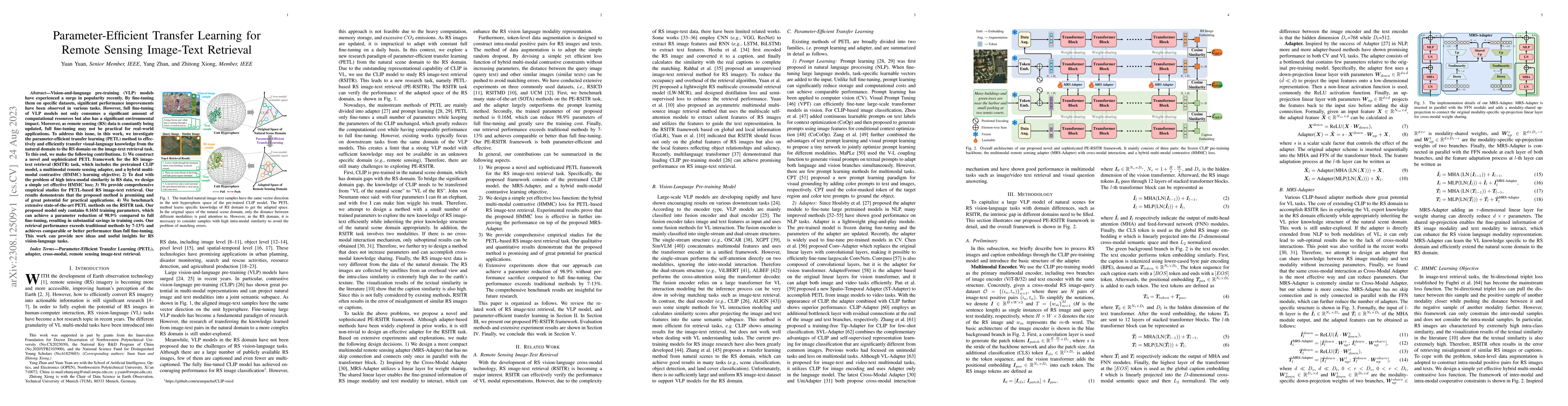 Thumbnail for Parameter-Efficient Transfer Learning for Remote Sensing Image-Text
  Retrieval