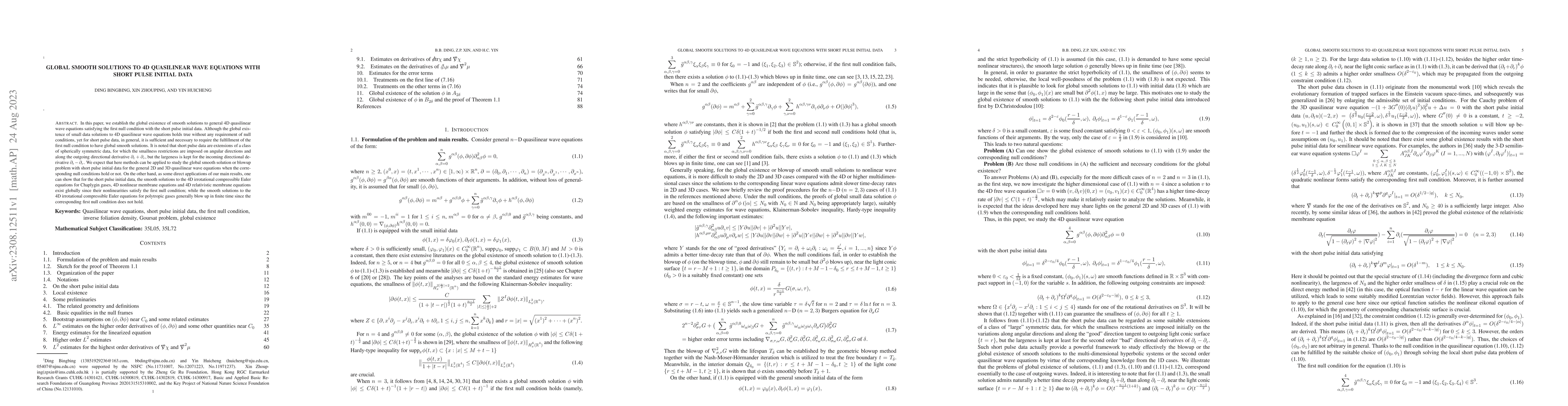 Thumbnail for Global smooth solutions to 4D quasilinear wave equations with short
  pulse initial data