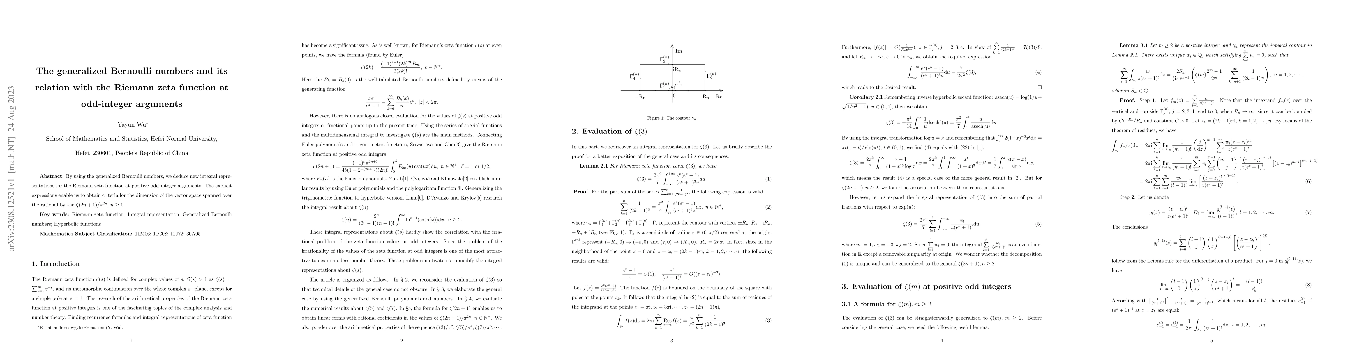 Thumbnail for The generalized Bernoulli numbers and its relation with the Riemann zeta
  function at odd-integer arguments