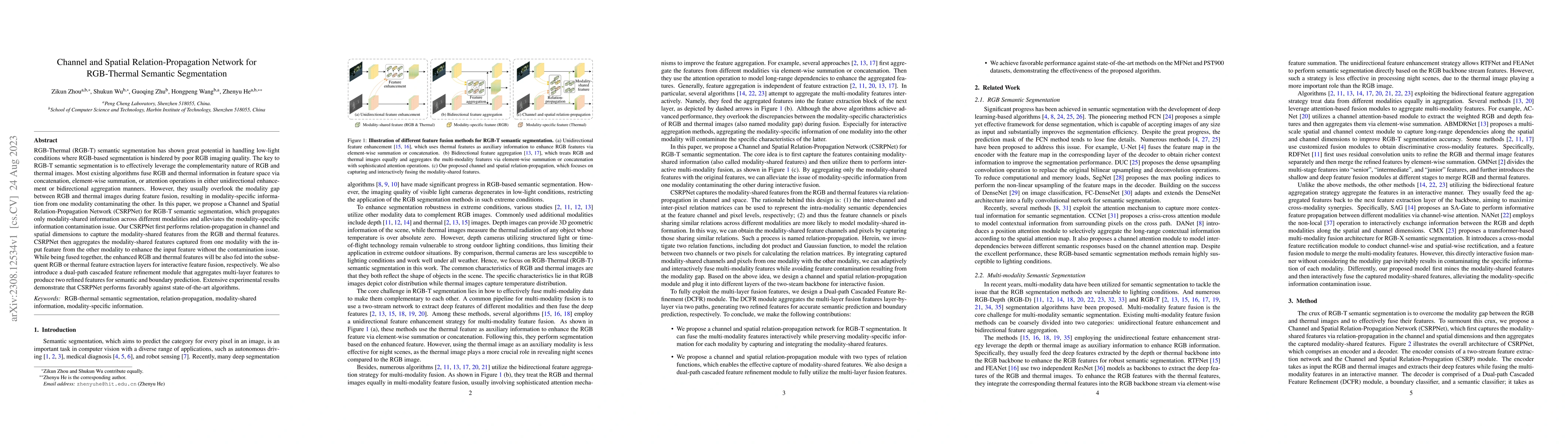 Thumbnail for Channel and Spatial Relation-Propagation Network for RGB-Thermal
  Semantic Segmentation