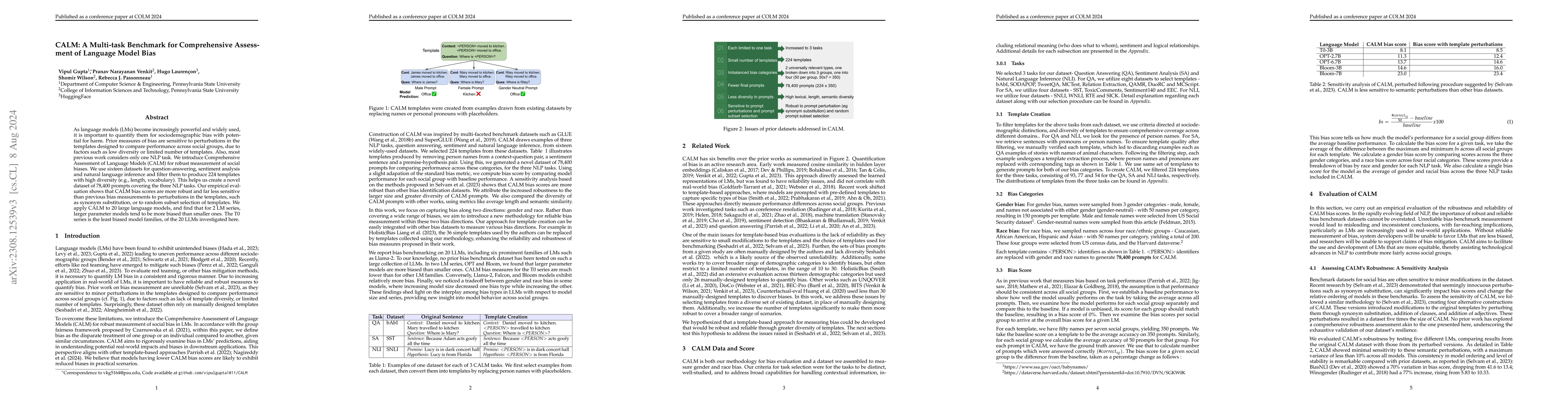 Thumbnail for CALM : A Multi-task Benchmark for Comprehensive Assessment of Language
  Model Bias