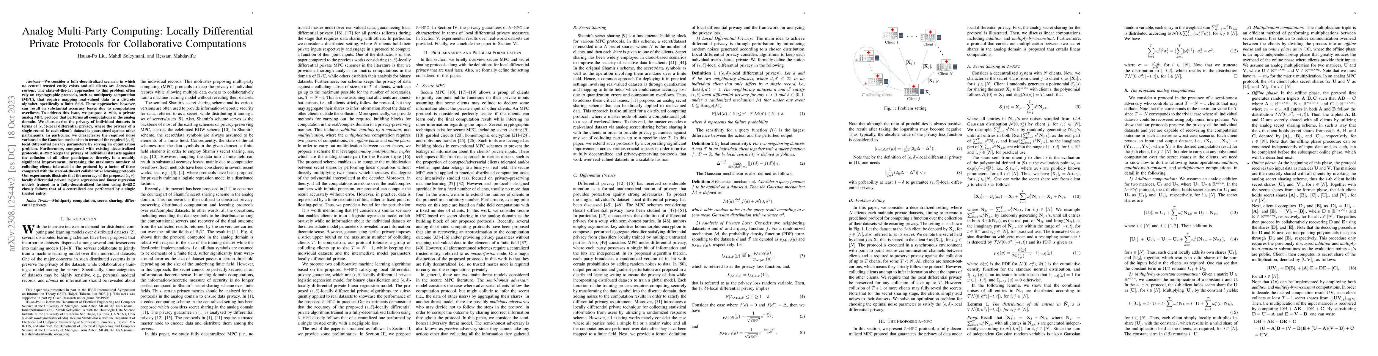 Thumbnail for Analog Multi-Party Computing: Locally Differential Private Protocols for
  Collaborative Computations