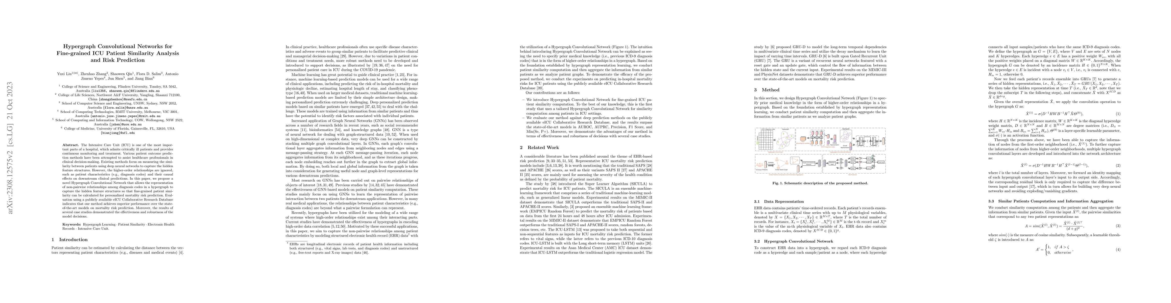 Thumbnail for Hypergraph Convolutional Networks for Fine-grained ICU Patient
  Similarity Analysis and Risk Prediction