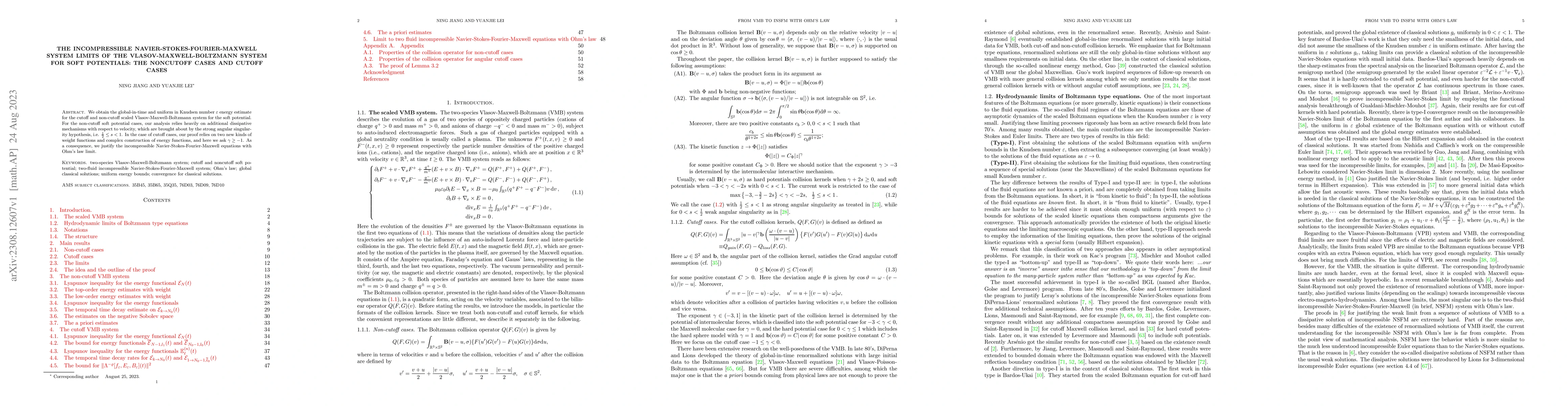 Thumbnail for The incompressible Navier-Stokes-Fourier-Maxwell system limits of the
  Vlasov-Maxwell-Boltzmann system for soft potentials: the noncutoff cases and
  cutoff cases